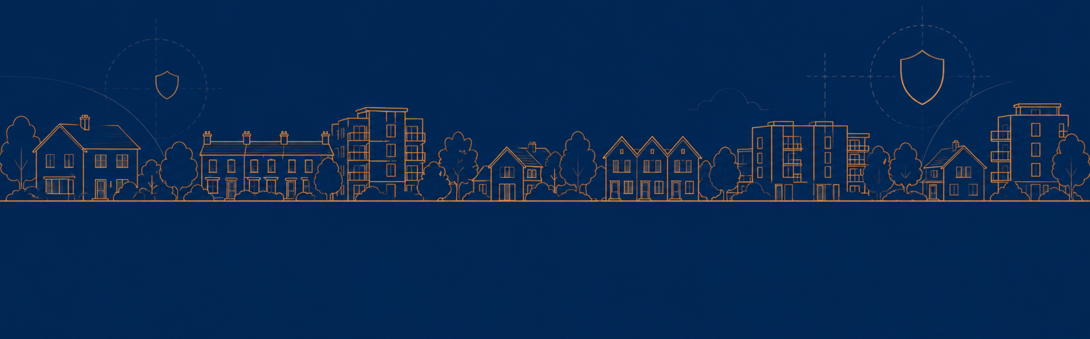 Illustrative skyline in Detect & Protect navy and orange